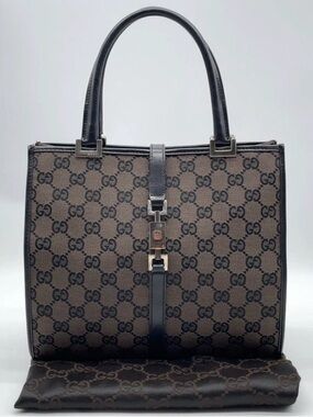 Authentic Gucci Jackie GG Canvas Leather Black Hand Bag w/Dustbag